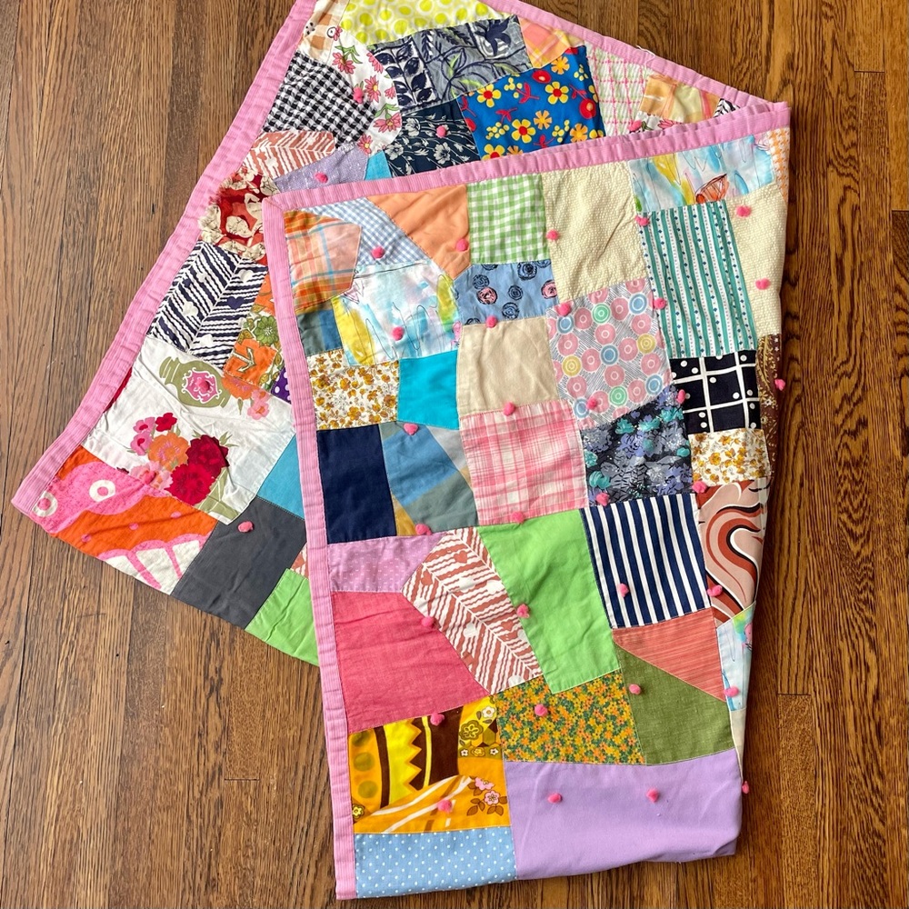 Vintage 60s 70s Granny Crazy Quilt Throw